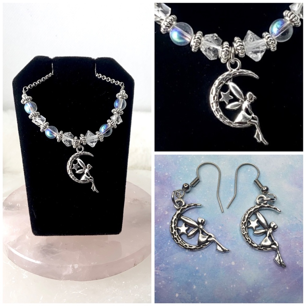 Fairy necklace earrings .Genuine Herkimer diamonds (4) crystal fairy silver set - Picture 1 of 14